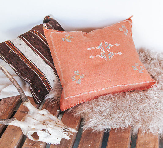 boho moroccan cactus silk hand embroidered cushion couch pillow in peach