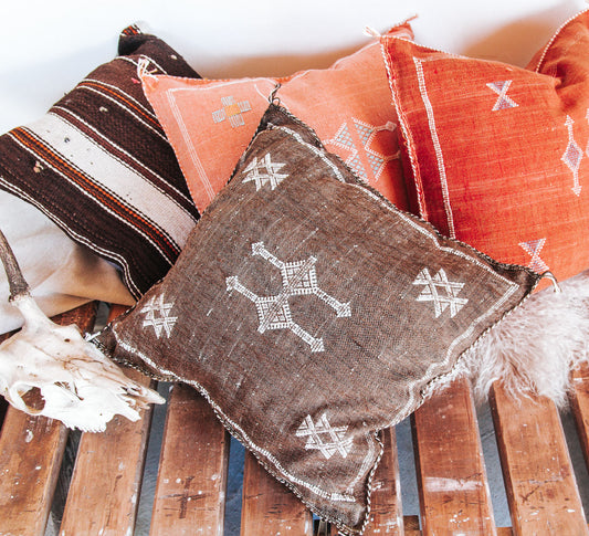 boho moroccan cactus silk hand embroidered cushion couch pillow in peach