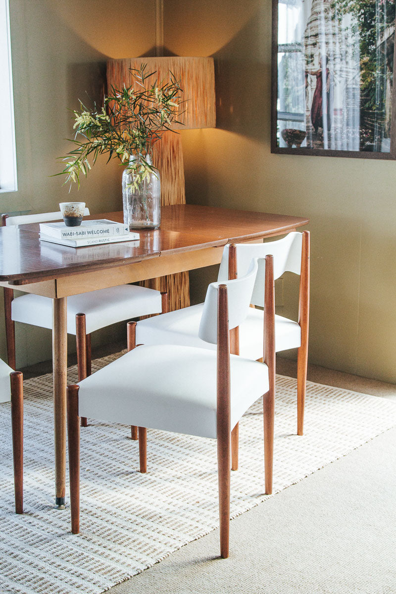 vintage nz designed morgan bros mid century dining chairs with tapered mahogany legs and white vinyl seats