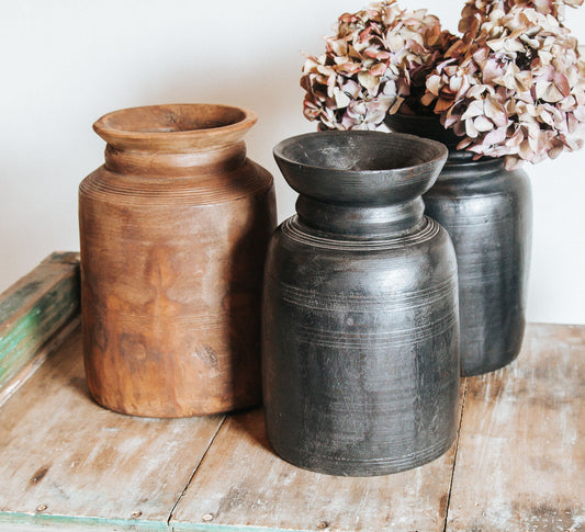 vintage boho indian wooden water pot