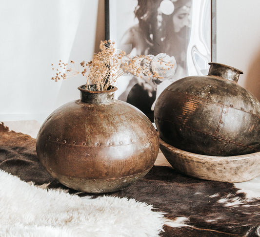 vintage rustic boho indian iron pot vase