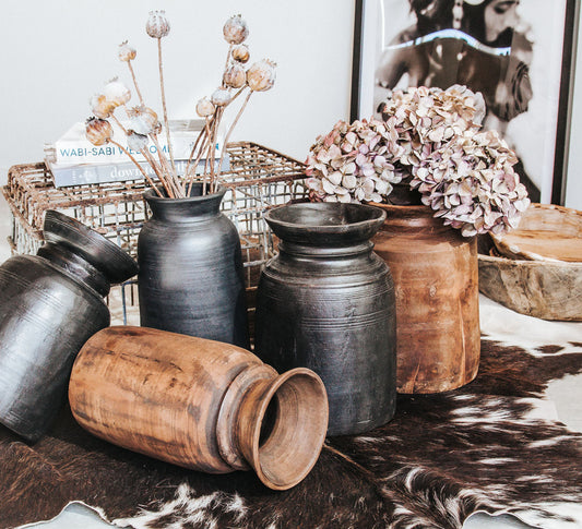 vintage boho indian wooden water pot