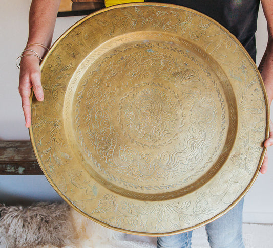 large boho vintage brass indian serving tray