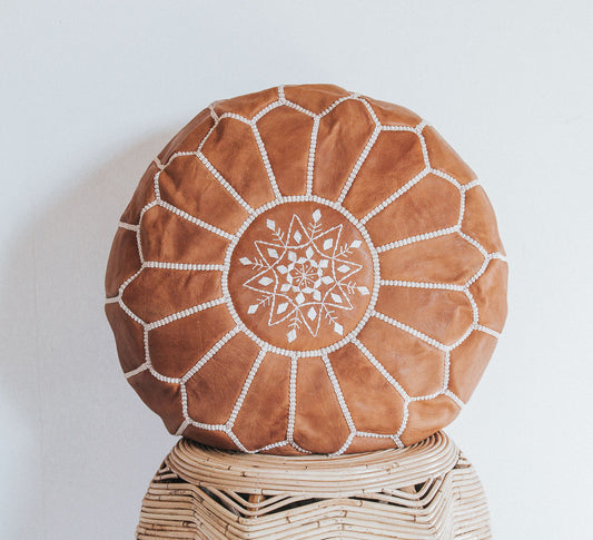 boho Authentic handmade leather ottoman pouf. Premium Handcrafted embroidered in Morocco