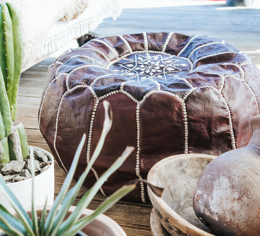boho Authentic handmade leather ottoman pouf. Premium Handcrafted embroidered in Morocco