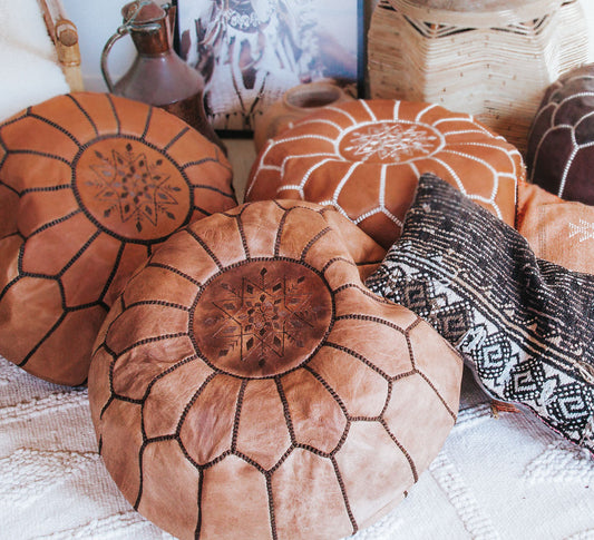 boho Authentic handmade leather ottoman pouf. Premium Handcrafted embroidered in Morocco
