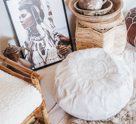 boho Authentic handmade white leather ottoman pouf. Premium Handcrafted embroidered in Morocco