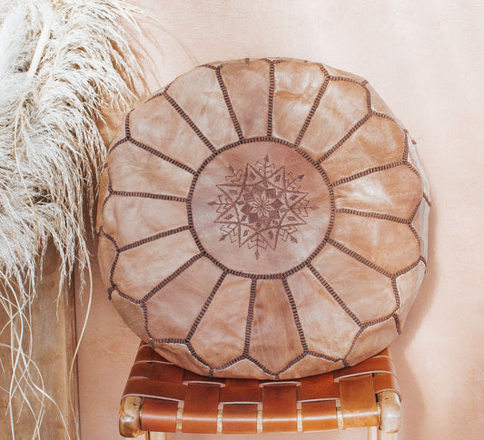 boho Authentic handmade leather ottoman pouf. Premium Handcrafted embroidered in Morocco