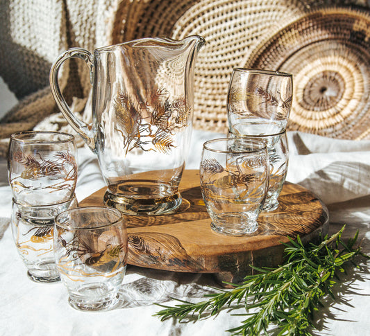 vintage boho retro glass jug and liqueur glasses with gold etched pattern