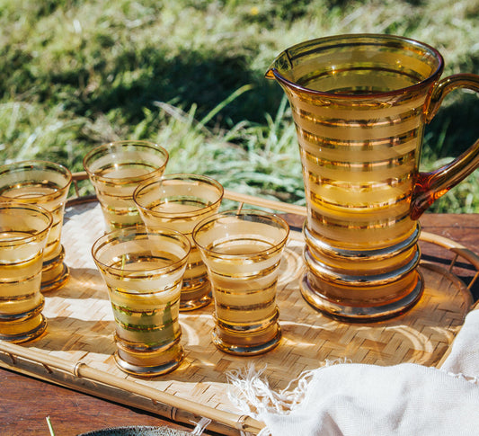 vintage boho retro ambergold glass jug and glass set