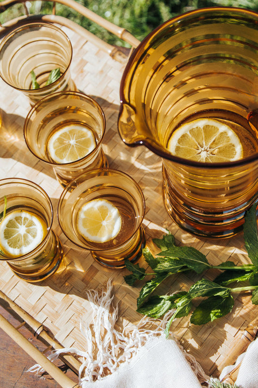 vintage boho retro ambergold glass jug and glass set