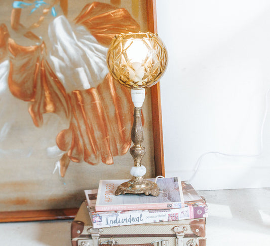 vintage retro brass lamp with amber gold glass shade