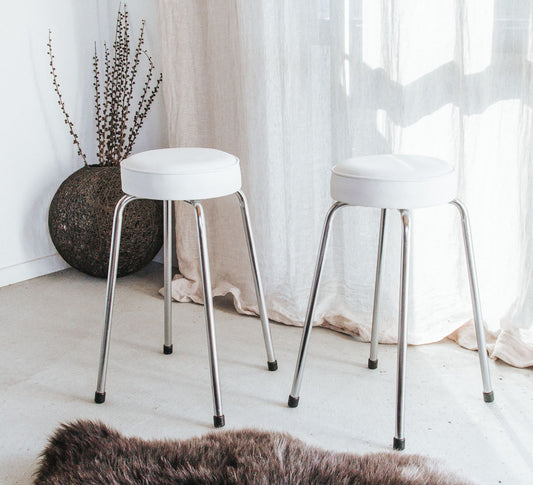 vintage chrome retro stools with white vinyl seat
