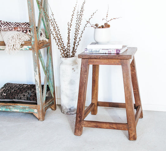 natural wooden rustic reclaimed boho bar stool bedside table