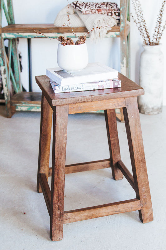 natural wooden rustic reclaimed boho bar stool bedside table