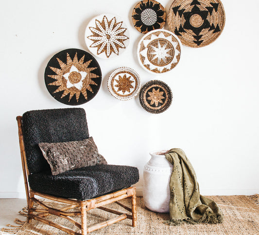 bali boho woven banaba leaf with macrame wall plate decor