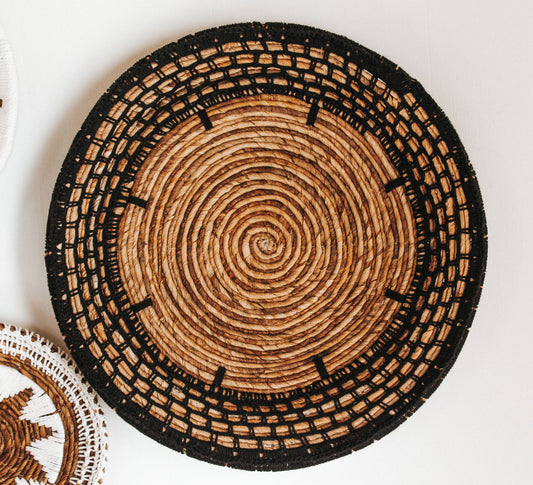 bali boho woven banaba leaf with macrame wall plate decor