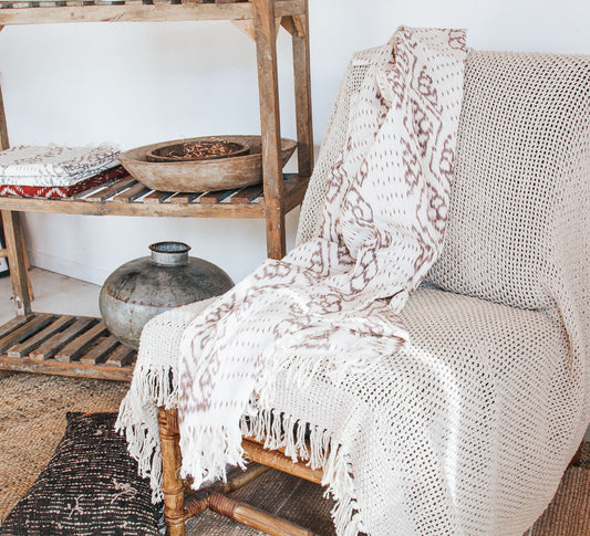 boho natural hand woven ikat throw made in indonesia, sumba