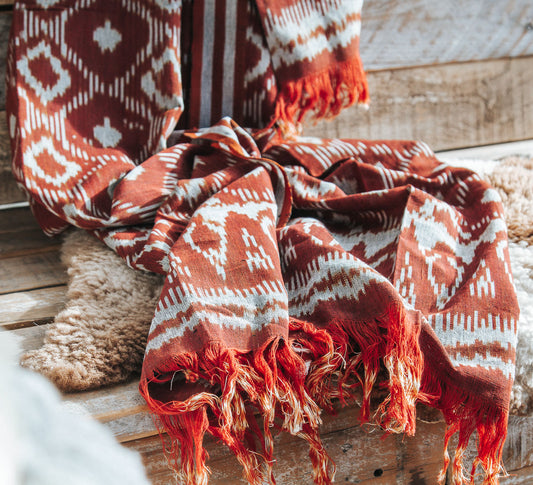 boho woven cotton ikat throw with tassles made in indonesia, Sumba