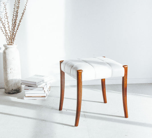 vintage mid century modern retro stool made from mahogany with a white vinyl seat and soft curved legs