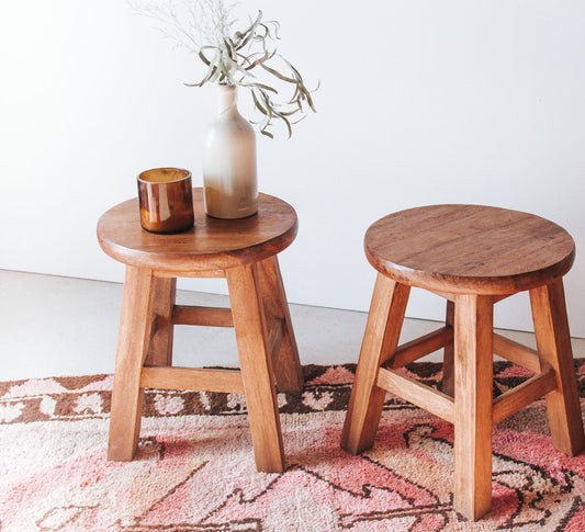 boho small wooden teak round kiddies stool or plant holder