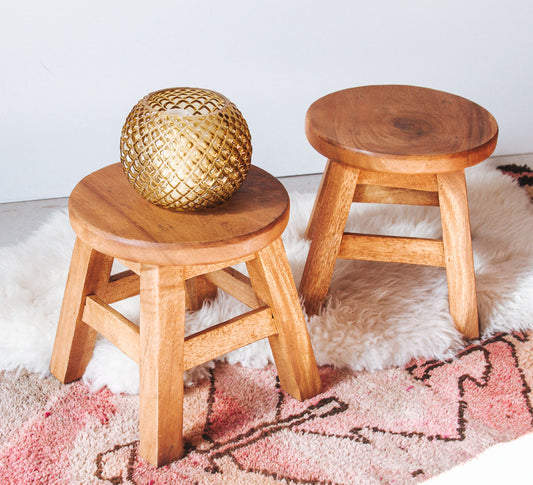 boho small wooden teak round kiddies stool or plant holder