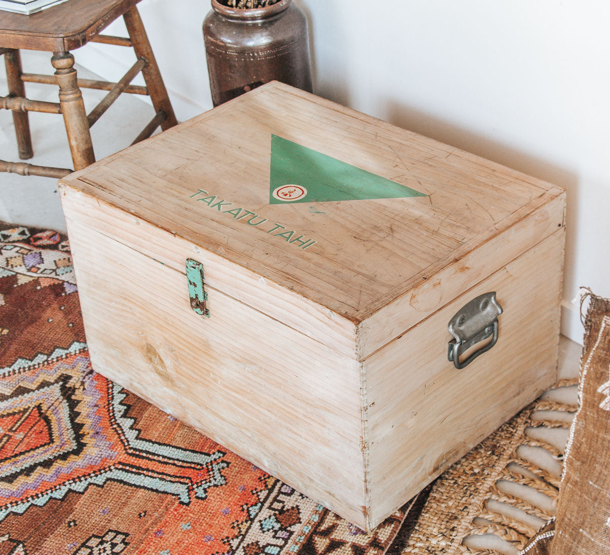 vintage boho wooden storage toy box chest with takatu tahi written on top