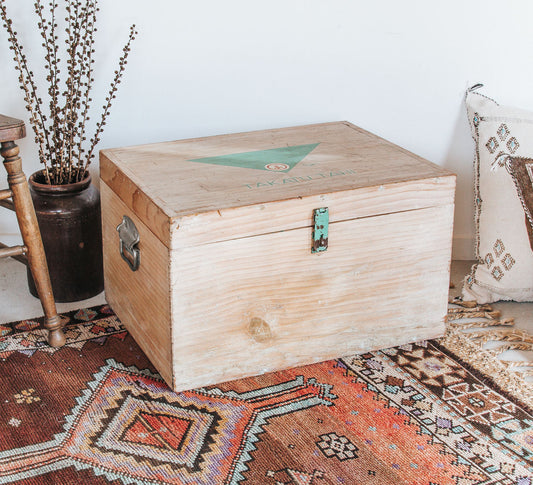 vintage boho wooden storage toy box chest with takatu tahi written on top