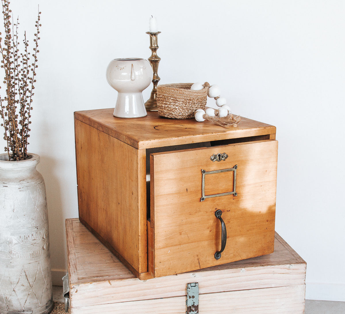 antique vintage wooden rimu filing cabinet with brass handle