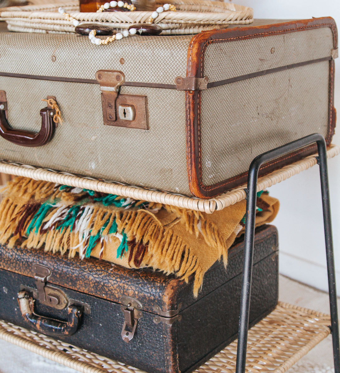 vintage boho travel suitcase with leather and metal edging bohemian home decor