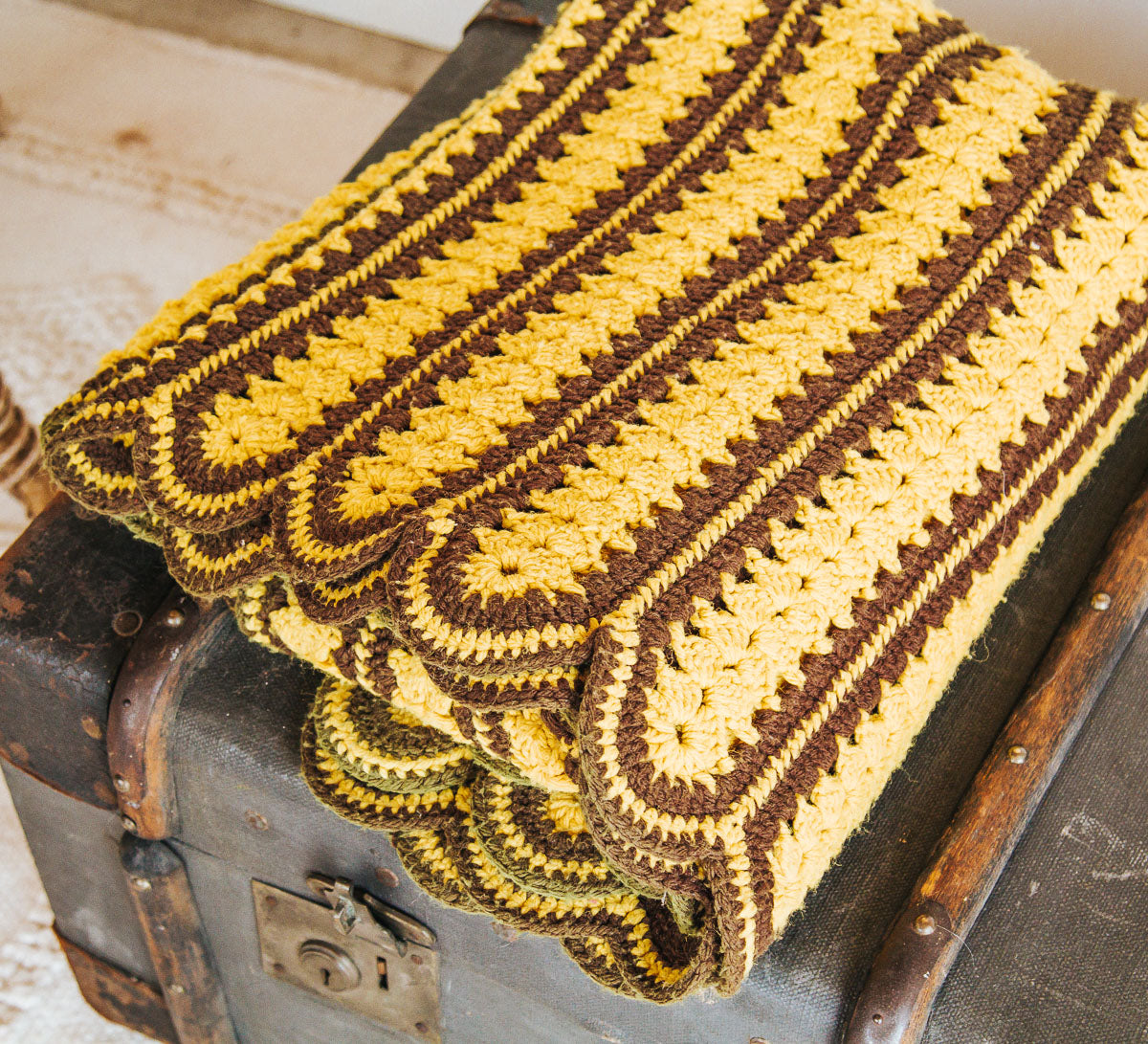 vintage retro boho wool crochet blanket throw in yeloow and green