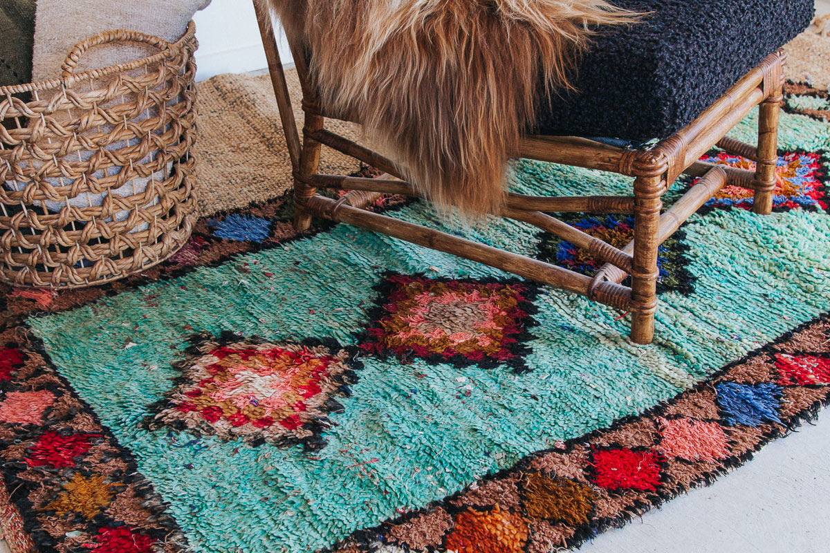 vintage moroocan rug, azilal boujaad wool rug for bathroom in green tones and earth tones