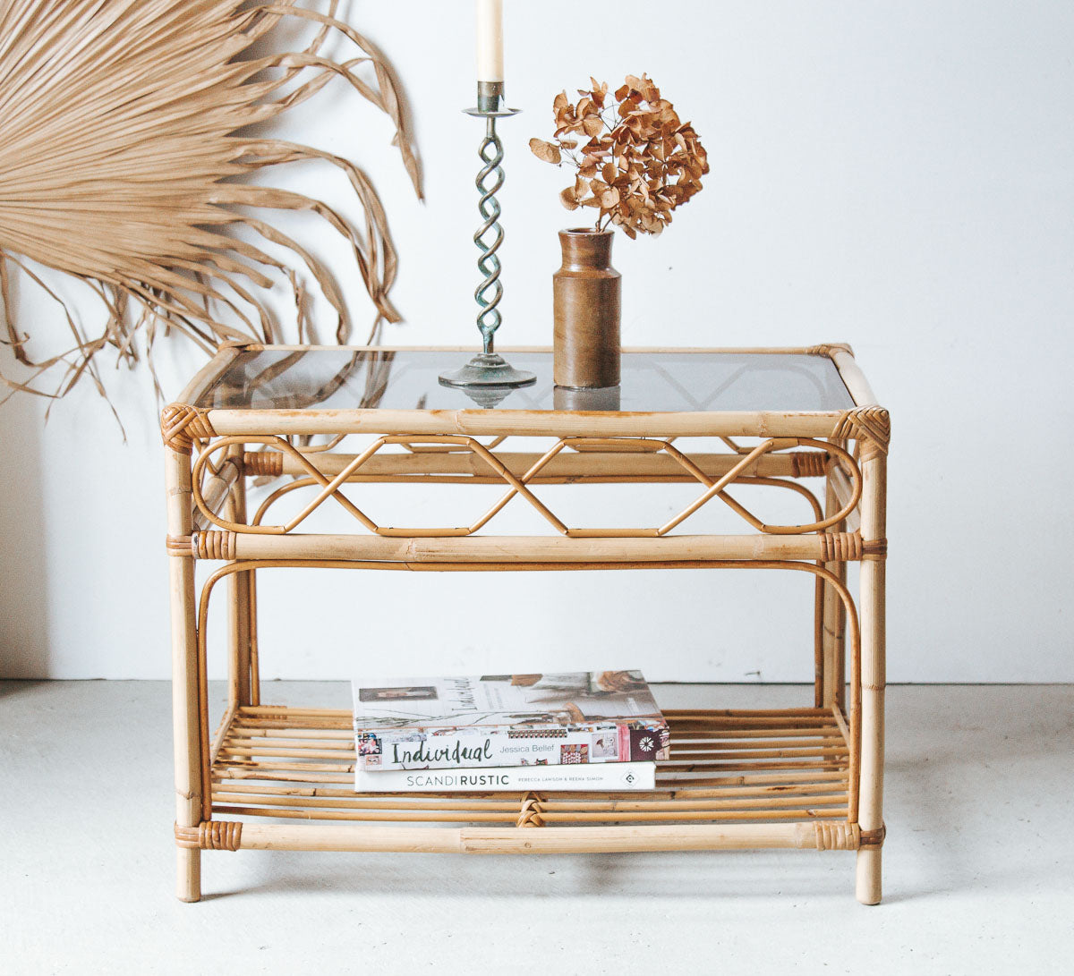 vintage boho cane coffee table side table with magazine rack and tinted glass