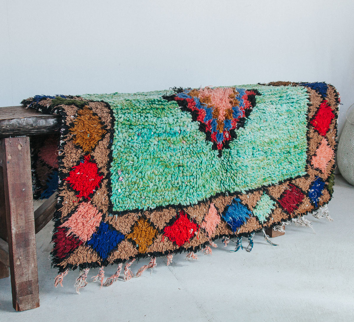 vintage moroocan rug, azilal boujaad wool rug for bathroom in green tones and earth tones