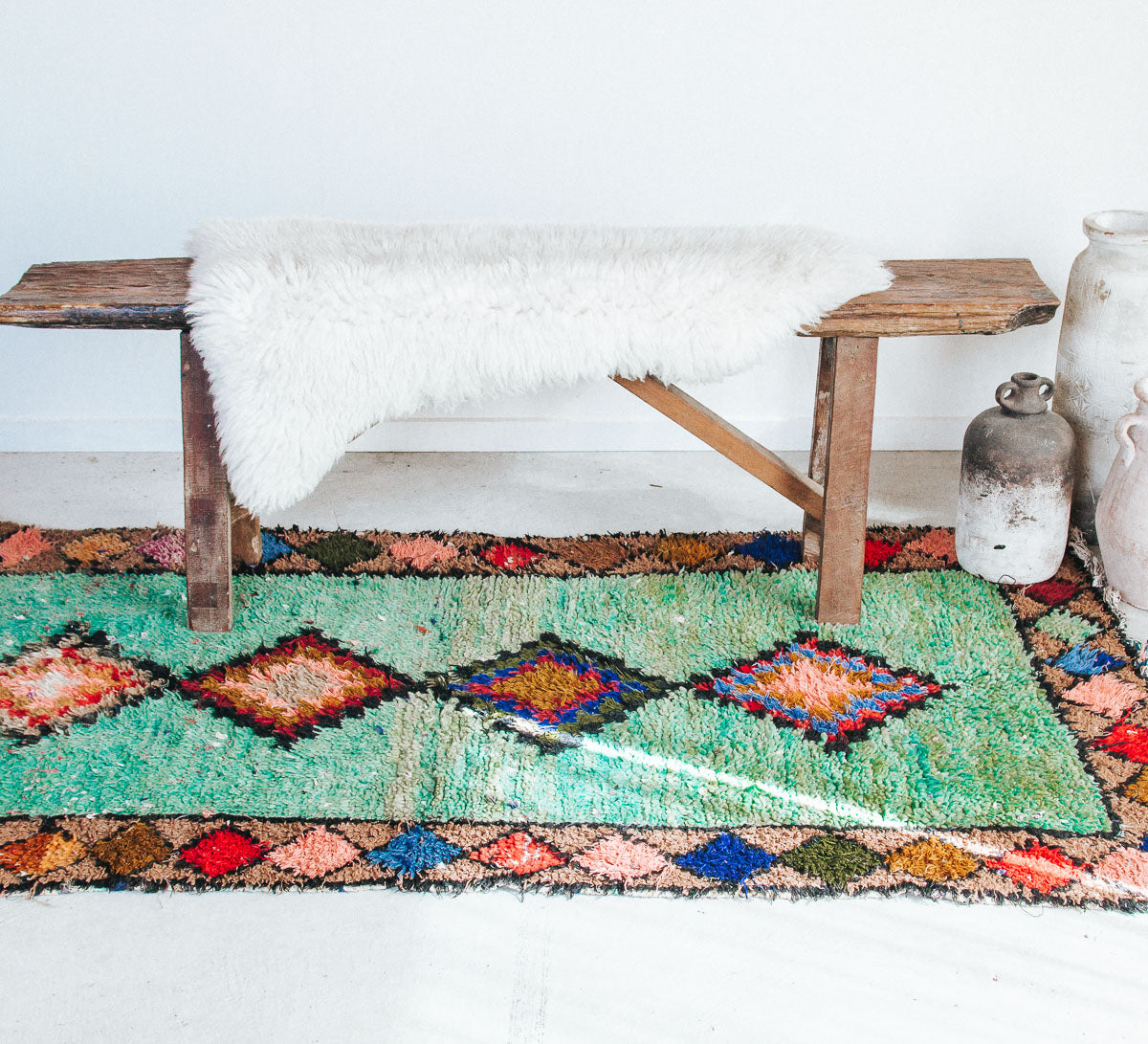vintage moroocan rug, azilal boujaad wool rug for bathroom in green tones and earth tones