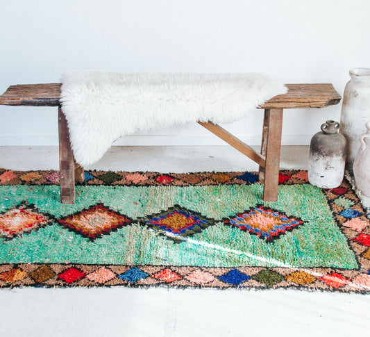 vintage moroocan rug, azilal boujaad wool rug for bathroom in green tones and earth tones
