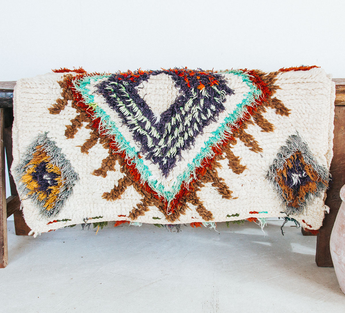 vintage moroocan rug, azilal boujaad wool rug for bathroom in peach tones and earth tones