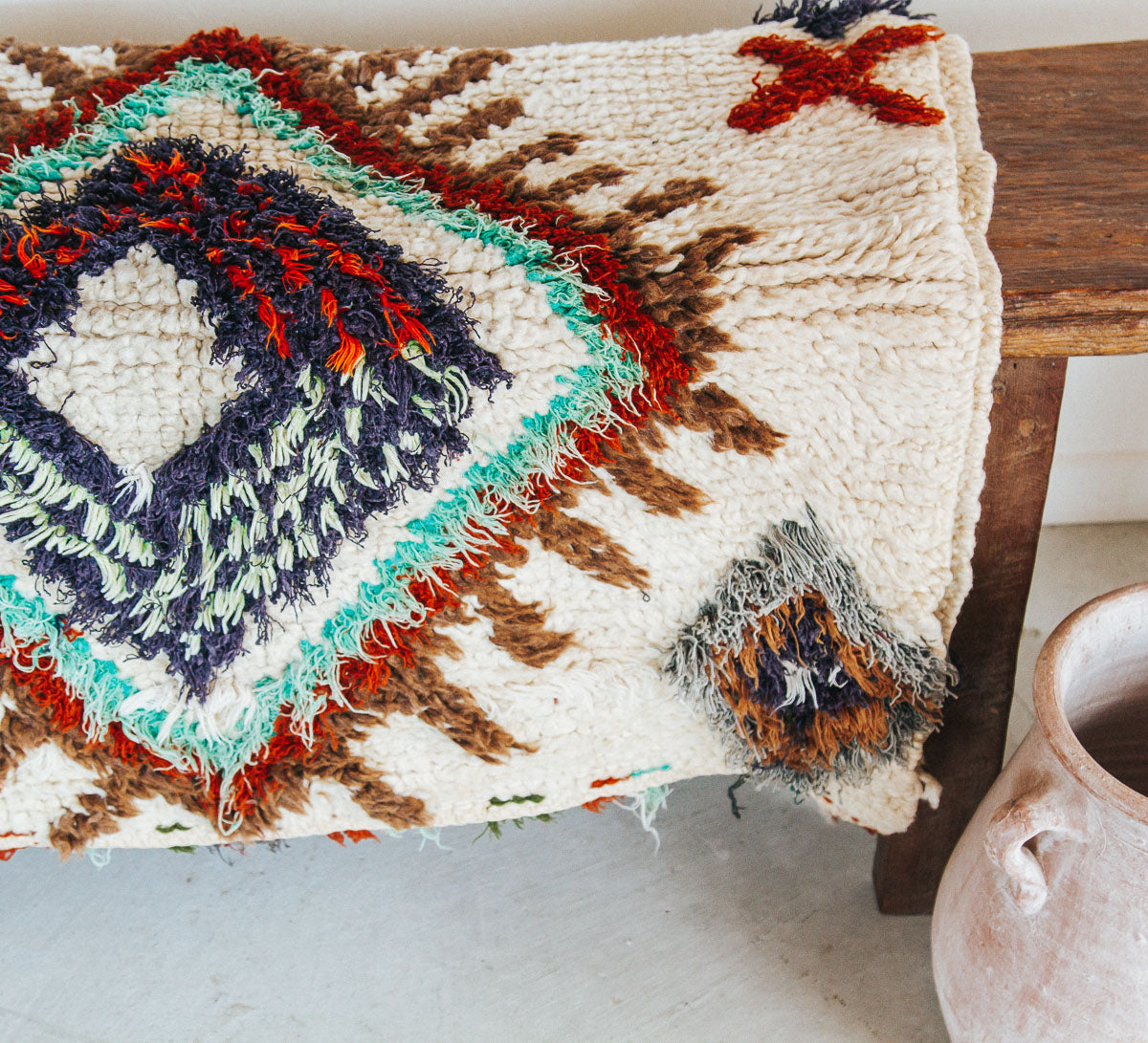 vintage moroocan rug, azilal boujaad wool rug for bathroom in peach tones and earth tones