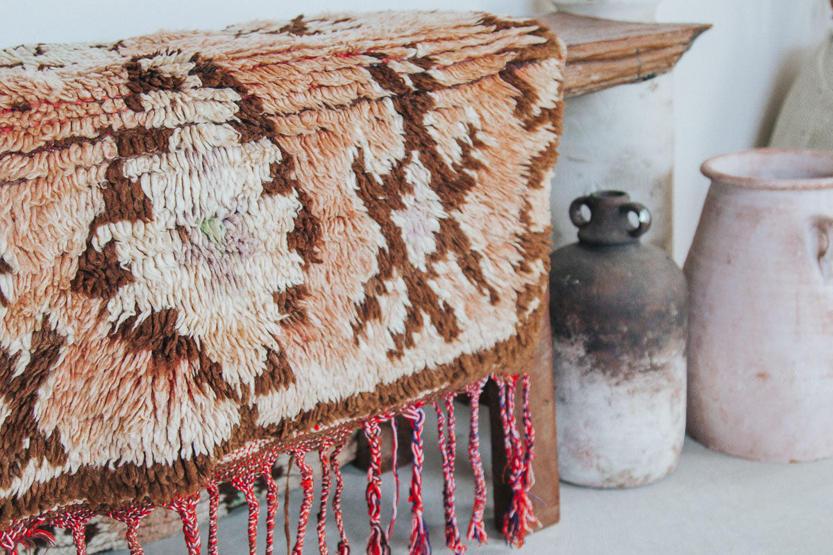 vintage moroocan rug, azilal boujaad wool rug for bathroom in peach tones and earth tones