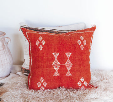 boho moroccan cactus silk hand embroidered cushion couch pillow in brick rust red