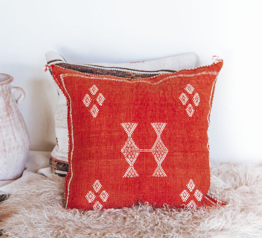 boho moroccan cactus silk hand embroidered cushion couch pillow in brick rust red