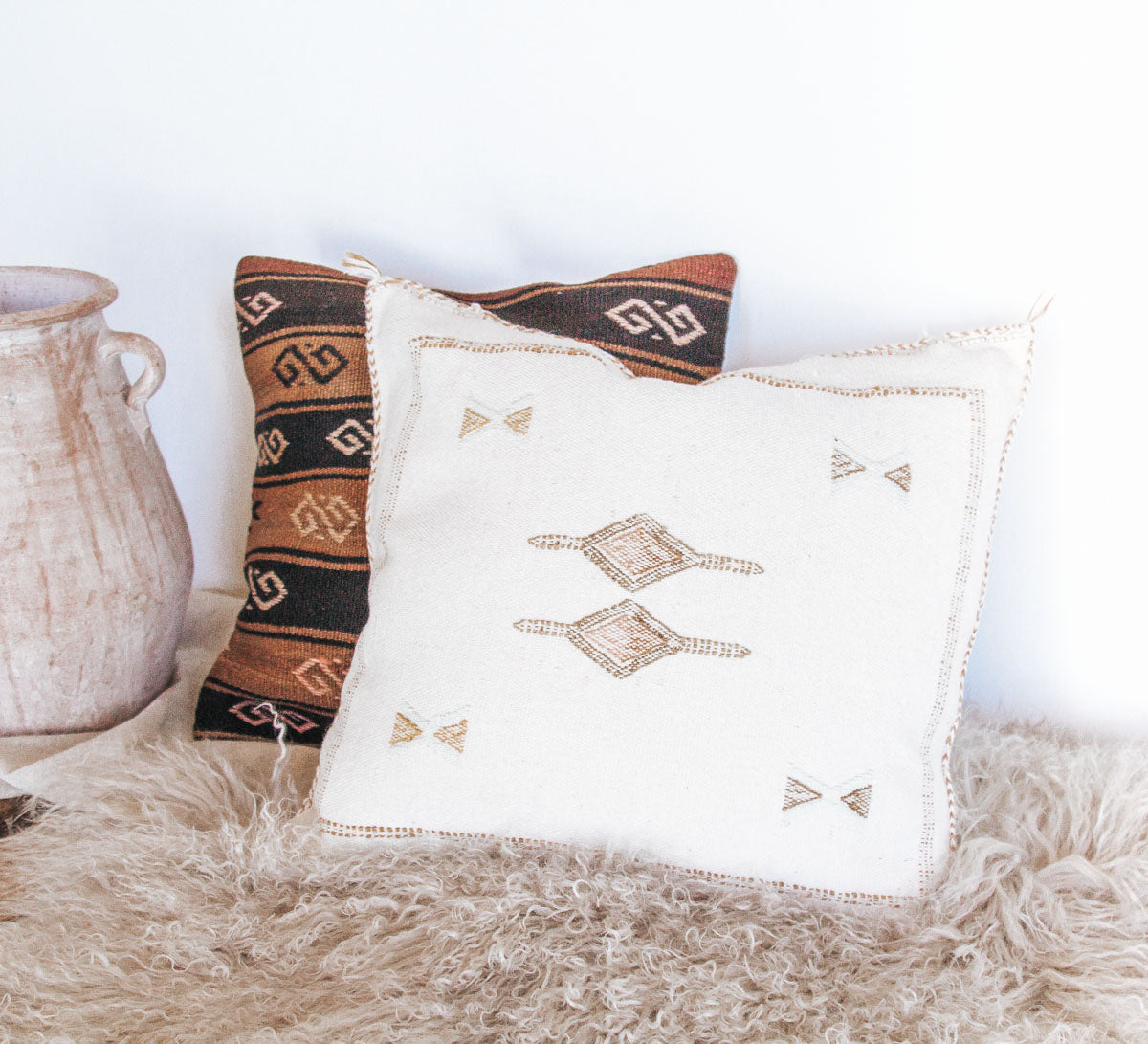 boho moroccan cactus silk hand embroidered cushion couch pillow in white ivory