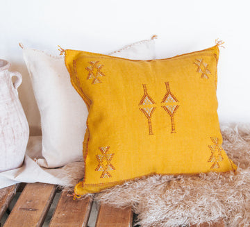 boho moroccan cactus silk embroidered cushion in daffodil sunkissed yellow