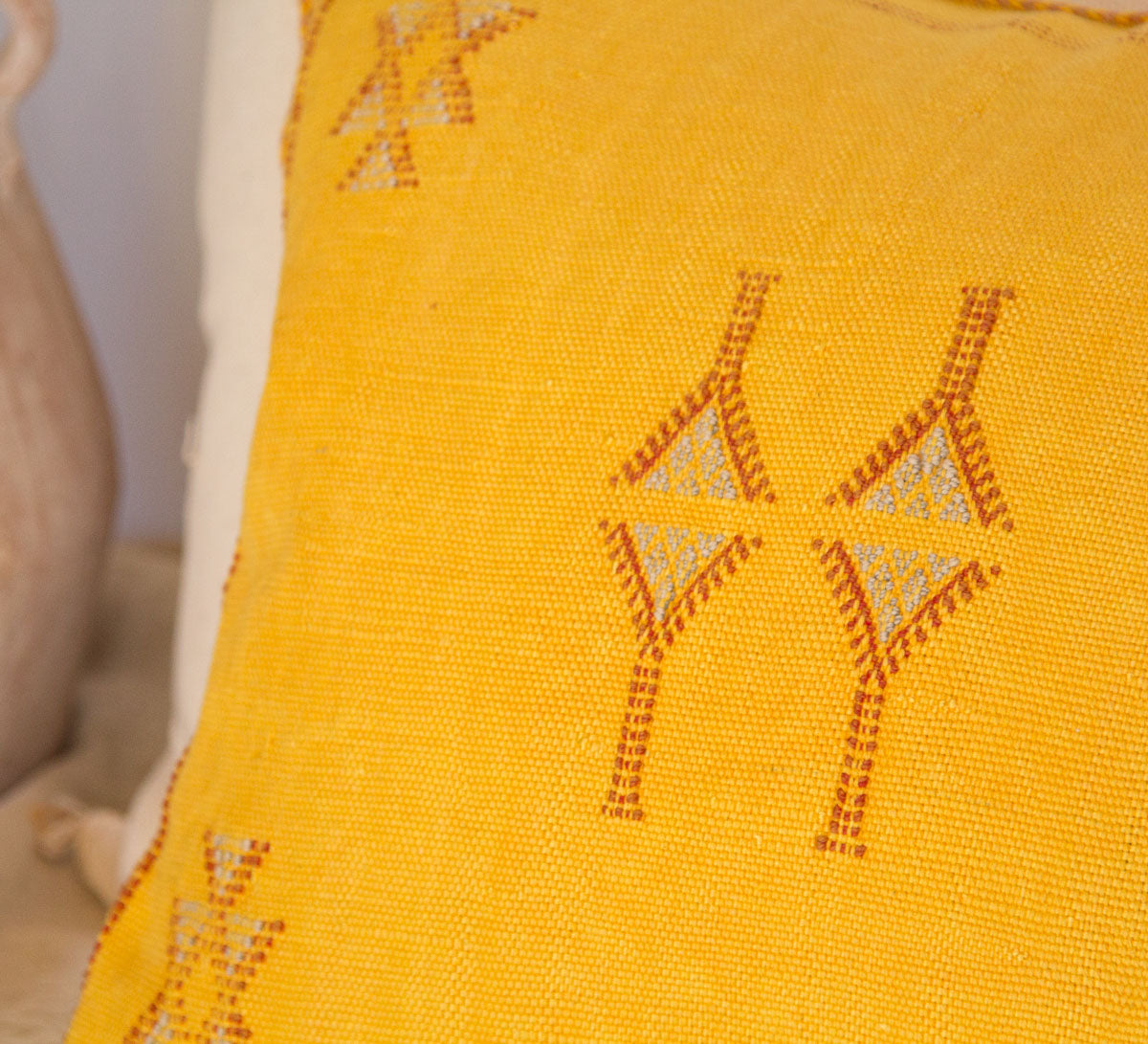 boho moroccan cactus silk embroidered cushion in daffodil sunkissed yellow