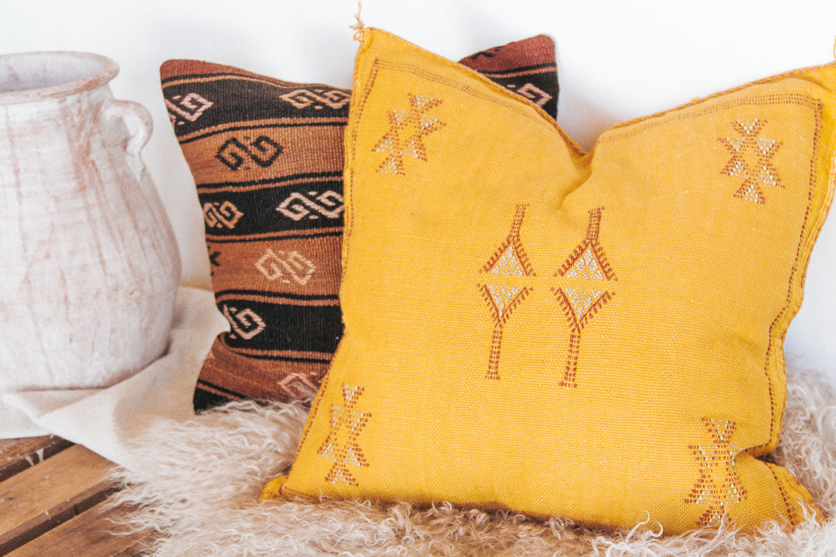 boho moroccan cactus silk embroidered cushion in daffodil sunkissed yellow