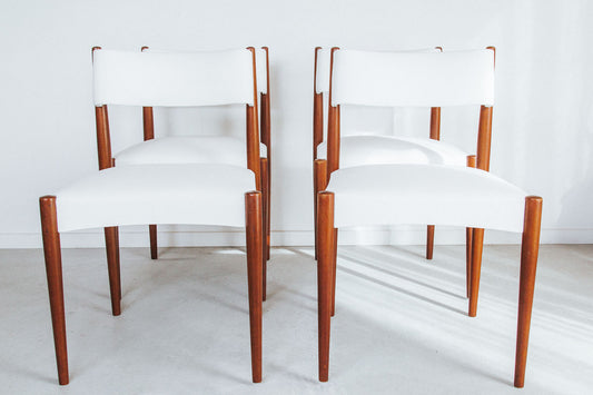 vintage nz designed morgan bros mid century dining chairs with tapered mahogany legs and white vinyl seats