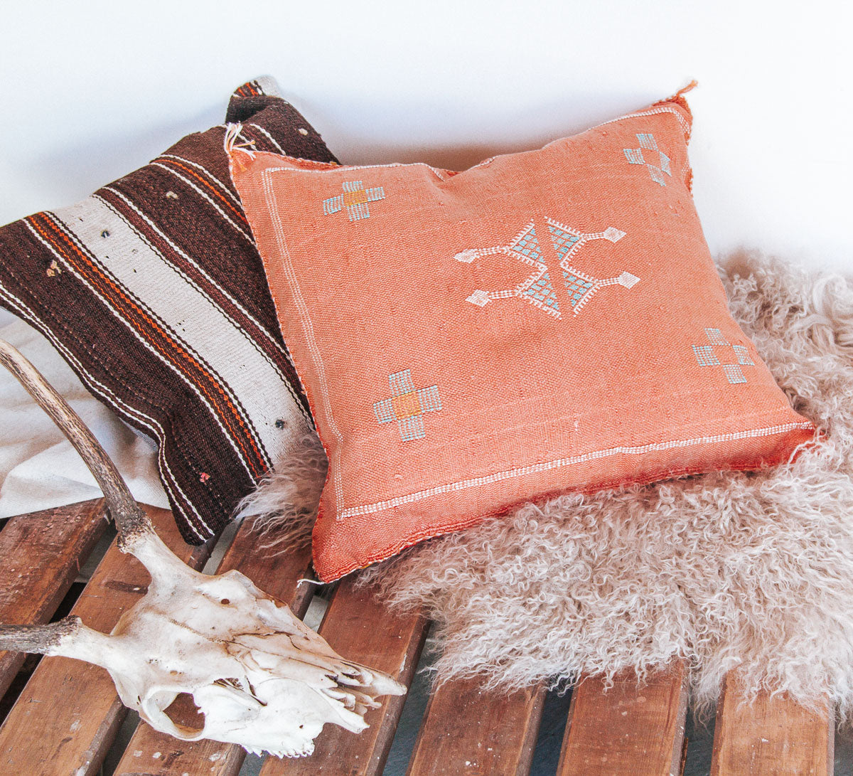 boho moroccan cactus silk hand embroidered cushion couch pillow in peach 