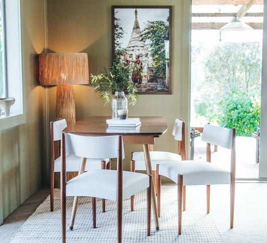 vintage nz designed morgan bros mid century dining chairs with tapered mahogany legs and white vinyl seats