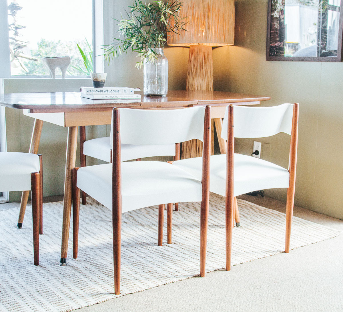 vintage nz designed morgan bros mid century dining chairs with tapered mahogany legs and white vinyl seats