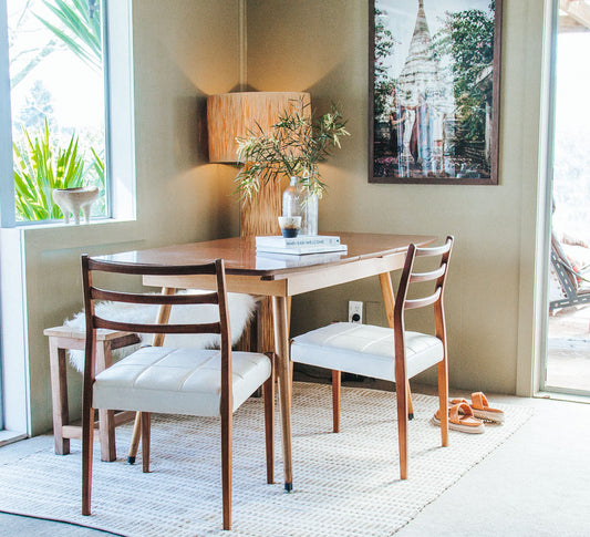vintage mid century modern mahogany dining chairs with white textured vinyl seat